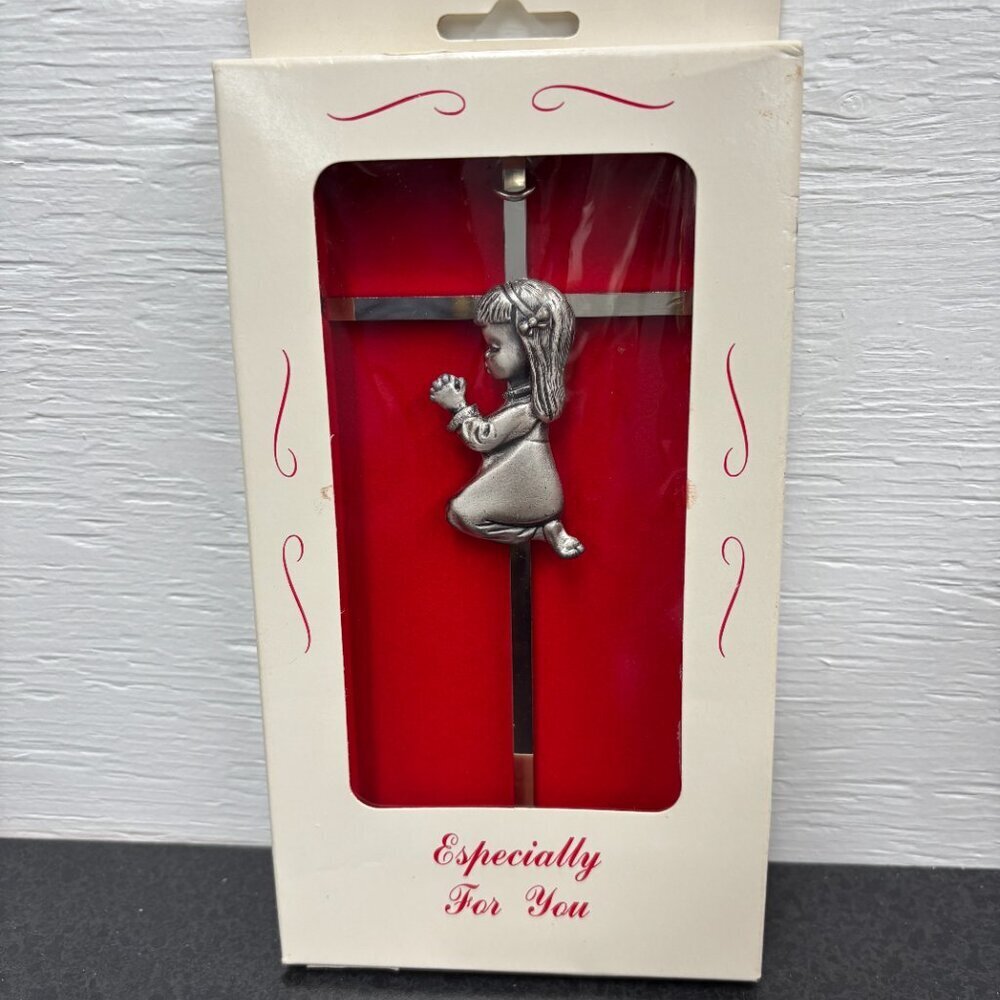 Vintage Silver Girl Wall Cross Infant Blessing Baby Plaque Wall Décor Hanging
